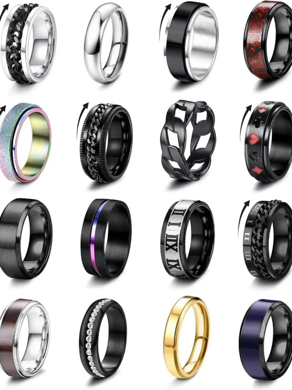 16Pcs Stainless Steel Fidget Spinner Rings for Men & Women, Sizes 7-13, Stress